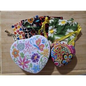 Brighton Drawstring Fabric Jewelry Pouch  Gift Bag Hearts 4 Bags + 2 Heart Tin